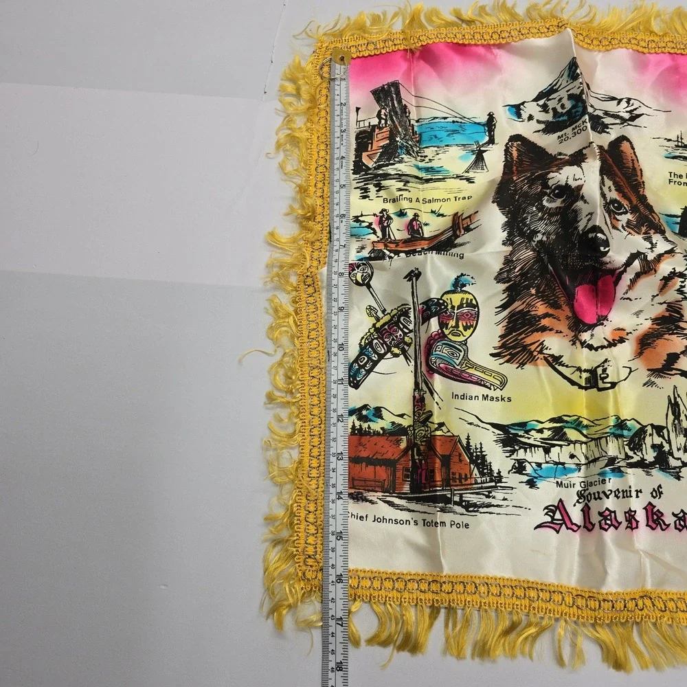 Vintage Souvenir of Alaska Fringed Pillow Cover Wall Hanging Husky Dog Totem